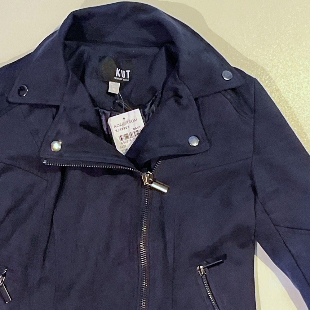 KUT From the Kloth Faux Suede Moto Jacket Sz XS Navy Asymmetrical Full Zip Coat